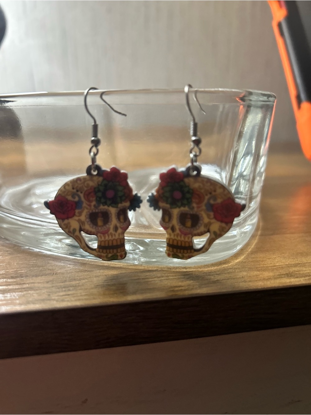Day of the Dead Floral Skull Dangle Earrings - Multicolor